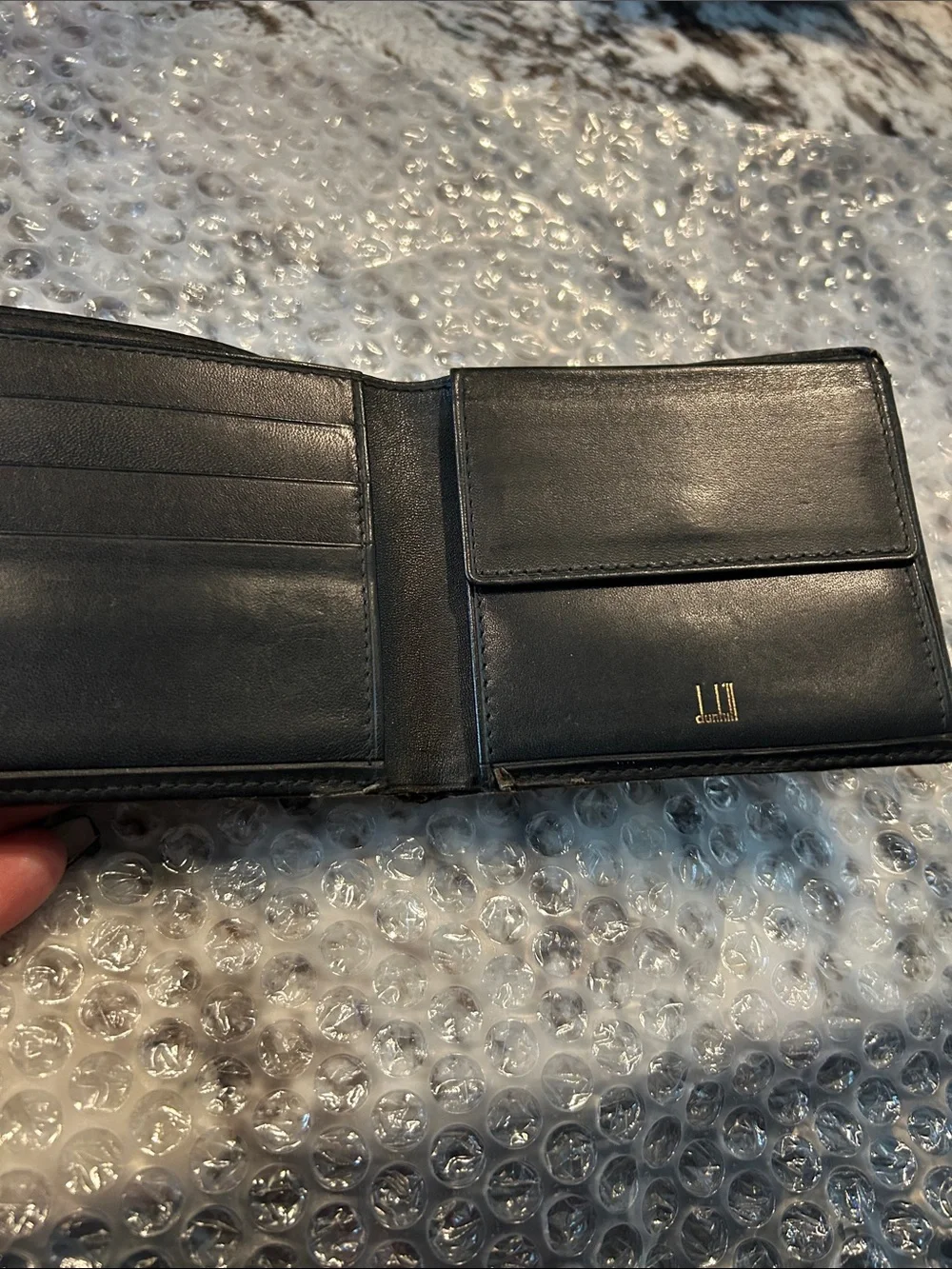 Dunhill Black Leather Bifold Wallet with Gold Corner Accents